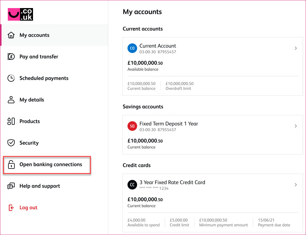 Open banking connections in Online banking - desktop or laptop computer view