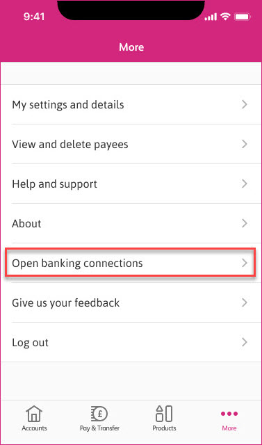 Open banking connections - mobile app view