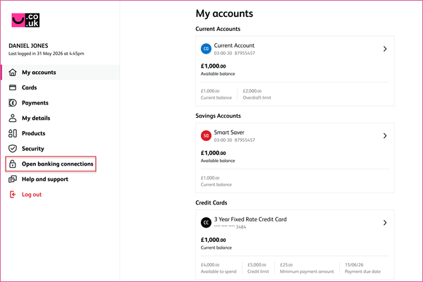 Open banking connections in Online banking - desktop or laptop computer view
